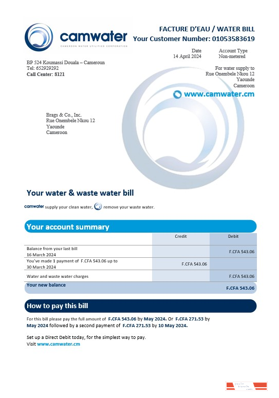 Cameroon Camwater business utility bill Word and PDF template (2).doc PSD template